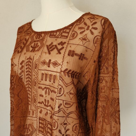 Chico's Silk Embroidered Beaded Blouse Long Sleeve Sheer Chiffon Brown - Picture 3 of 11